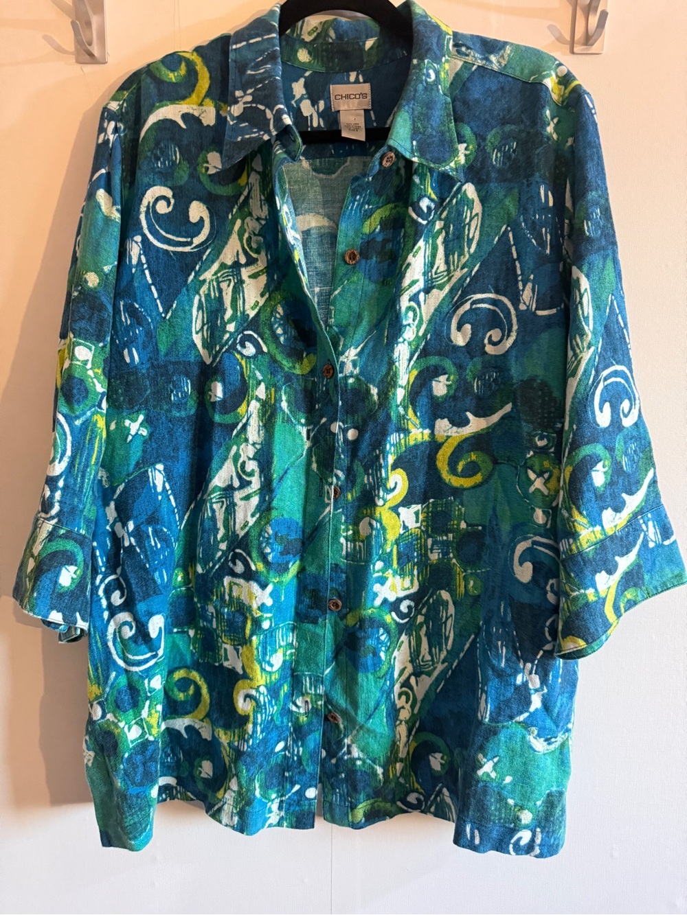Chico’s 100% Linen Abstract Print Button Front Tunic Shirt Blue Green Size 3 XL